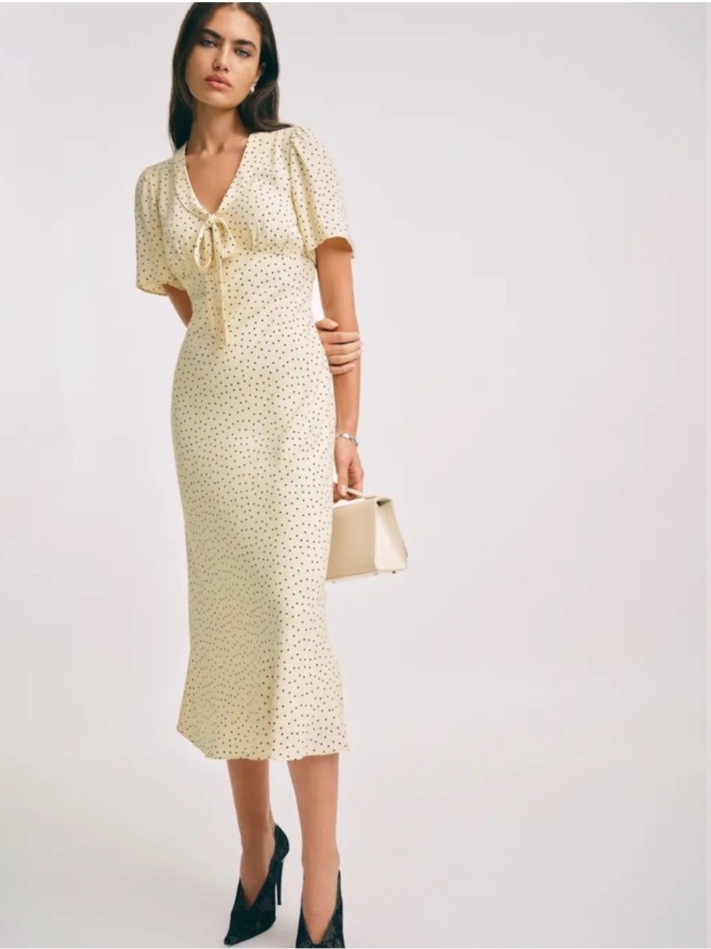 Reformation Tyra Midi dress in salt and pepper polka dot Size 8